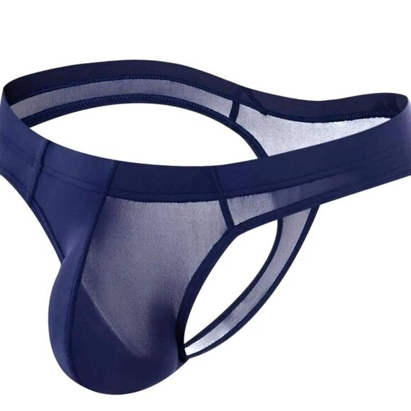 JOCKMAIL  Waist 28-31"s Nylon Blend Semi Sheer T-Back Thong - Navy Blue - Pouch - Picture 11 of 11